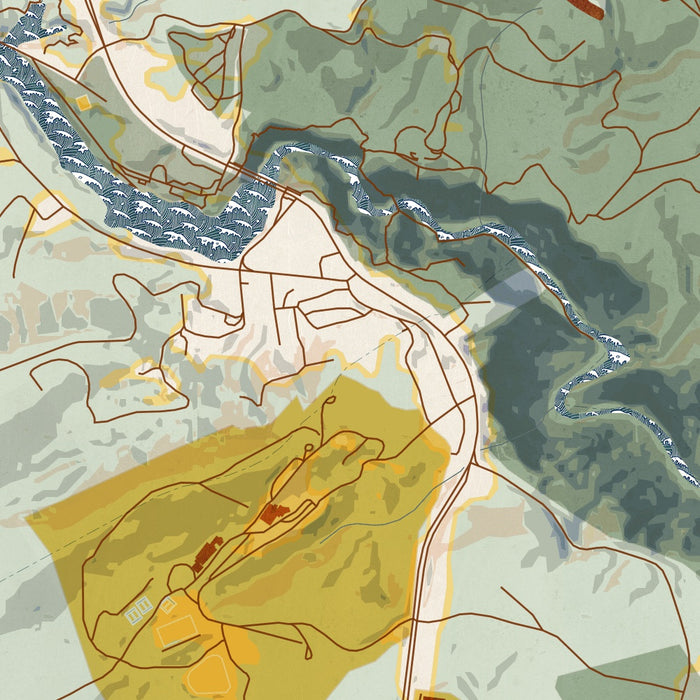 Tallulah Falls Georgia Map Print in Woodblock Style Zoomed In Close Up Showing Details