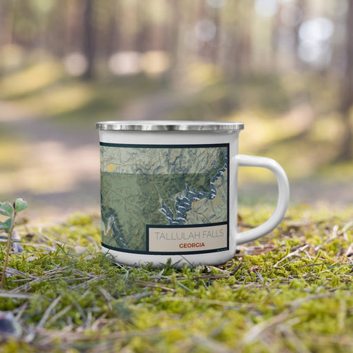 Right View Custom Tallulah Falls Georgia Map Enamel Mug in Woodblock on Grass With Trees in Background