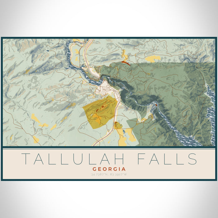 Tallulah Falls Georgia Map Print Landscape Orientation in Woodblock Style With Shaded Background