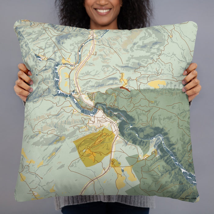 Person holding 22x22 Custom Tallulah Falls Georgia Map Throw Pillow in Woodblock