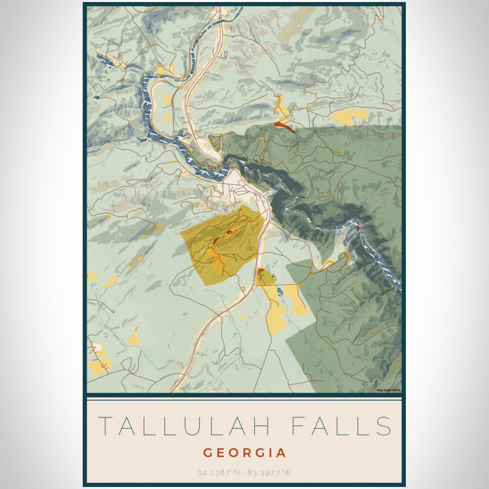 Tallulah Falls Georgia Map Print Portrait Orientation in Woodblock Style With Shaded Background