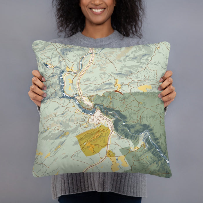Person holding 18x18 Custom Tallulah Falls Georgia Map Throw Pillow in Woodblock