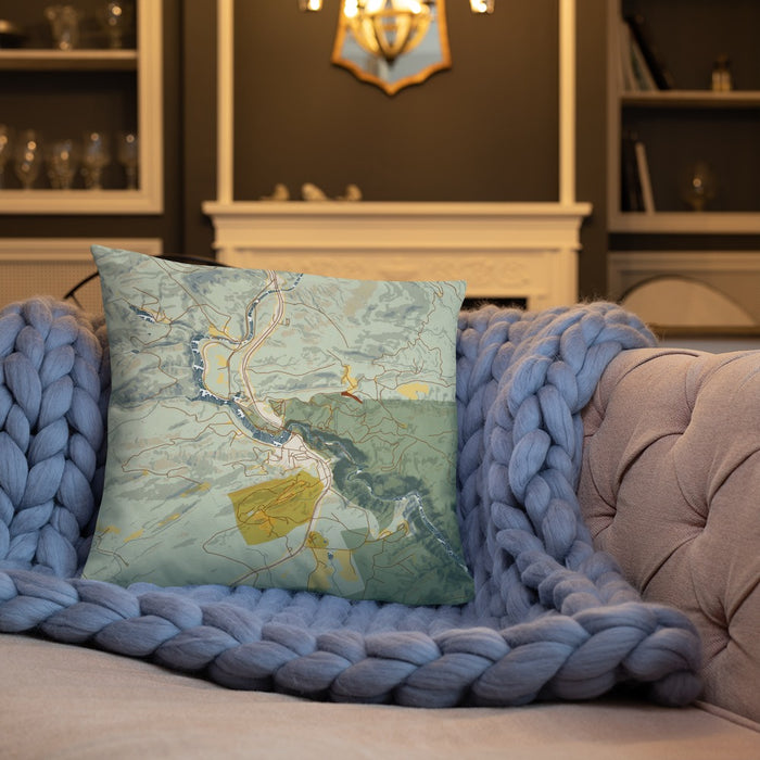 Custom Tallulah Falls Georgia Map Throw Pillow in Woodblock on Cream Colored Couch