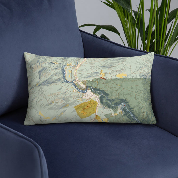 Custom Tallulah Falls Georgia Map Throw Pillow in Woodblock on Blue Colored Chair