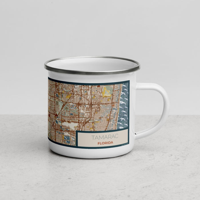 Right View Custom Tamarac Florida Map Enamel Mug in Woodblock