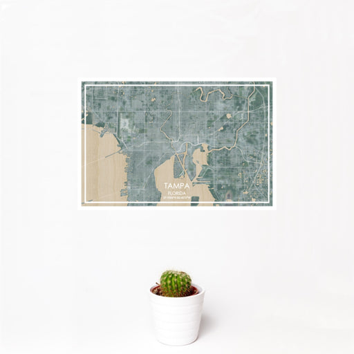 12x18 Tampa Florida Map Print Landscape Orientation in Afternoon Style With Small Cactus Plant in White Planter