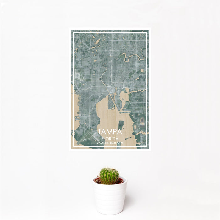 12x18 Tampa Florida Map Print Portrait Orientation in Afternoon Style With Small Cactus Plant in White Planter