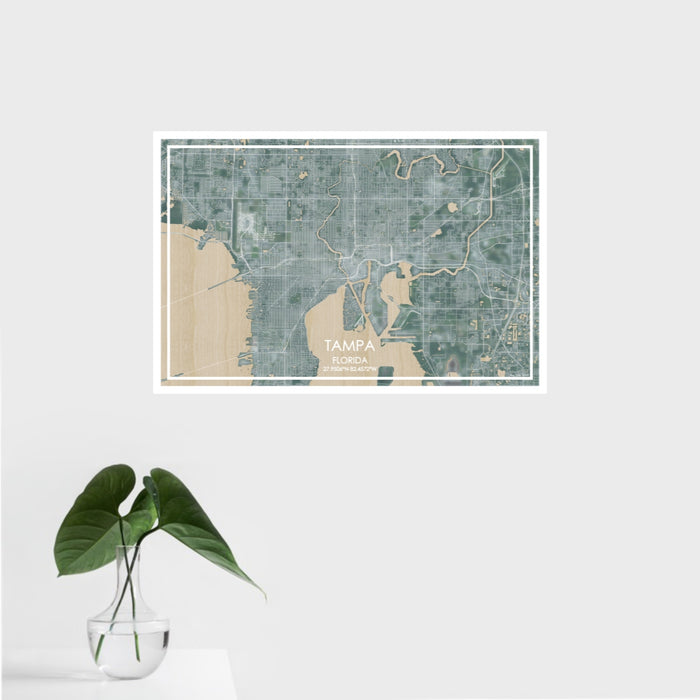 16x24 Tampa Florida Map Print Landscape Orientation in Afternoon Style With Tropical Plant Leaves in Water