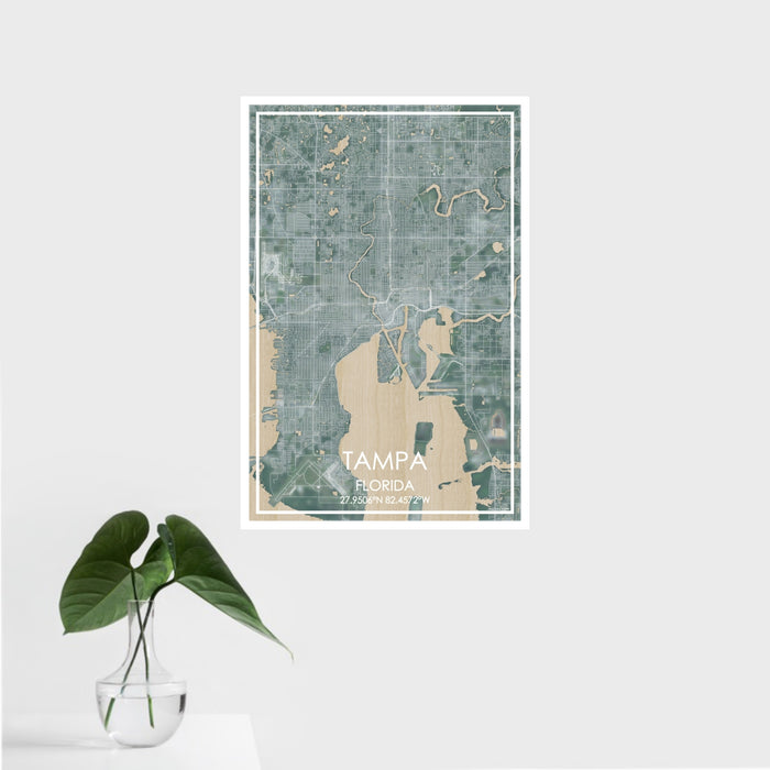 16x24 Tampa Florida Map Print Portrait Orientation in Afternoon Style With Tropical Plant Leaves in Water