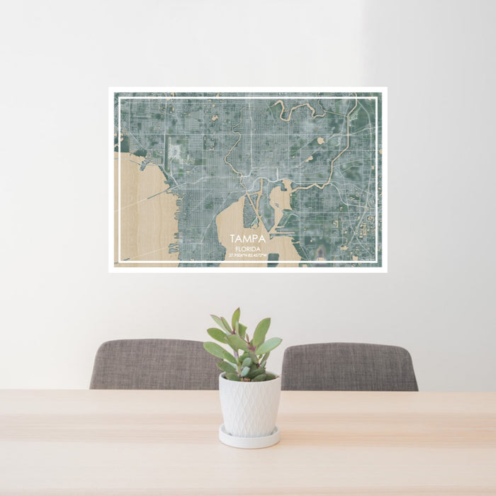 24x36 Tampa Florida Map Print Lanscape Orientation in Afternoon Style Behind 2 Chairs Table and Potted Plant