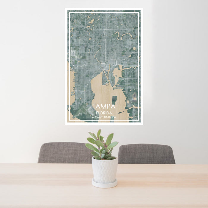 24x36 Tampa Florida Map Print Portrait Orientation in Afternoon Style Behind 2 Chairs Table and Potted Plant