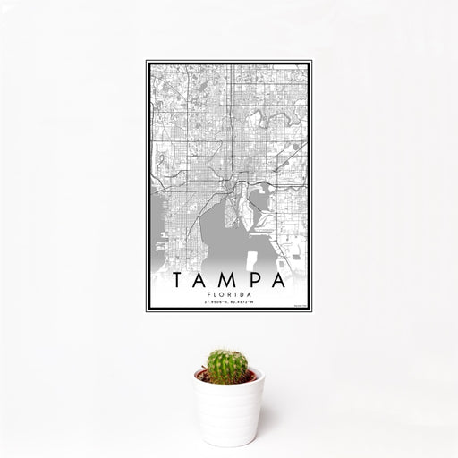 12x18 Tampa Florida Map Print Portrait Orientation in Classic Style With Small Cactus Plant in White Planter