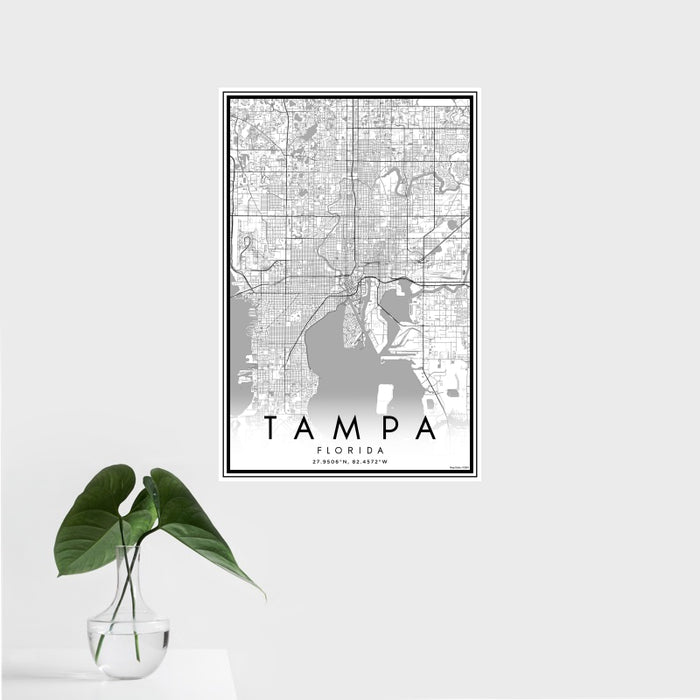 16x24 Tampa Florida Map Print Portrait Orientation in Classic Style With Tropical Plant Leaves in Water