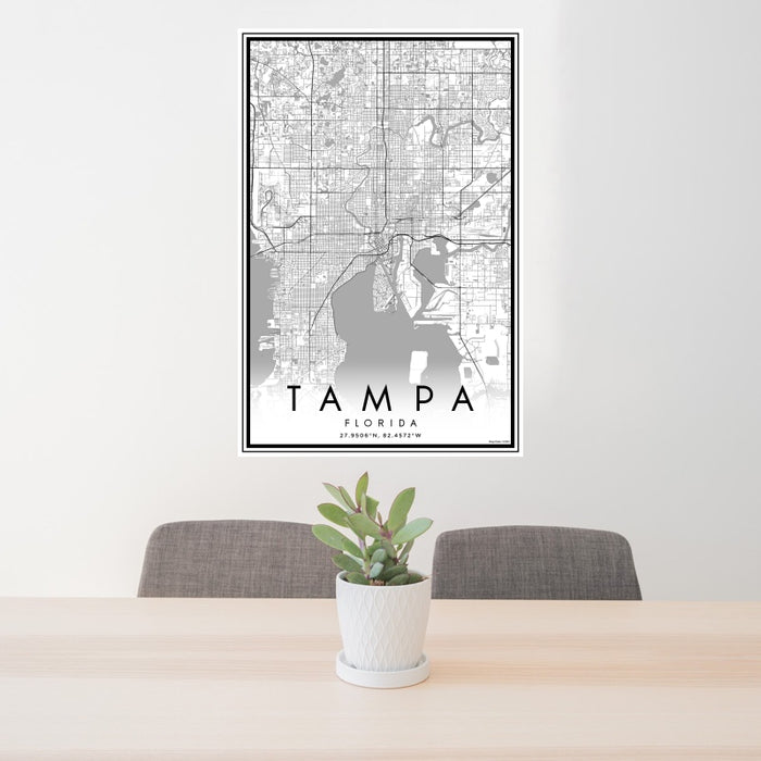 24x36 Tampa Florida Map Print Portrait Orientation in Classic Style Behind 2 Chairs Table and Potted Plant
