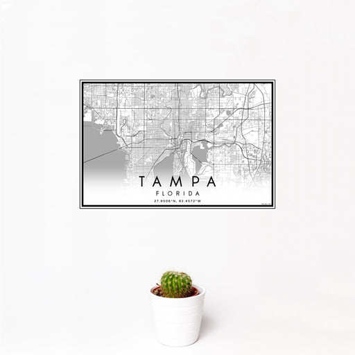 12x18 Tampa Florida Map Print Landscape Orientation in Classic Style With Small Cactus Plant in White Planter
