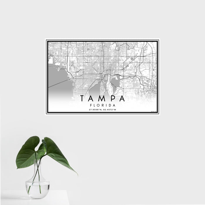 16x24 Tampa Florida Map Print Landscape Orientation in Classic Style With Tropical Plant Leaves in Water