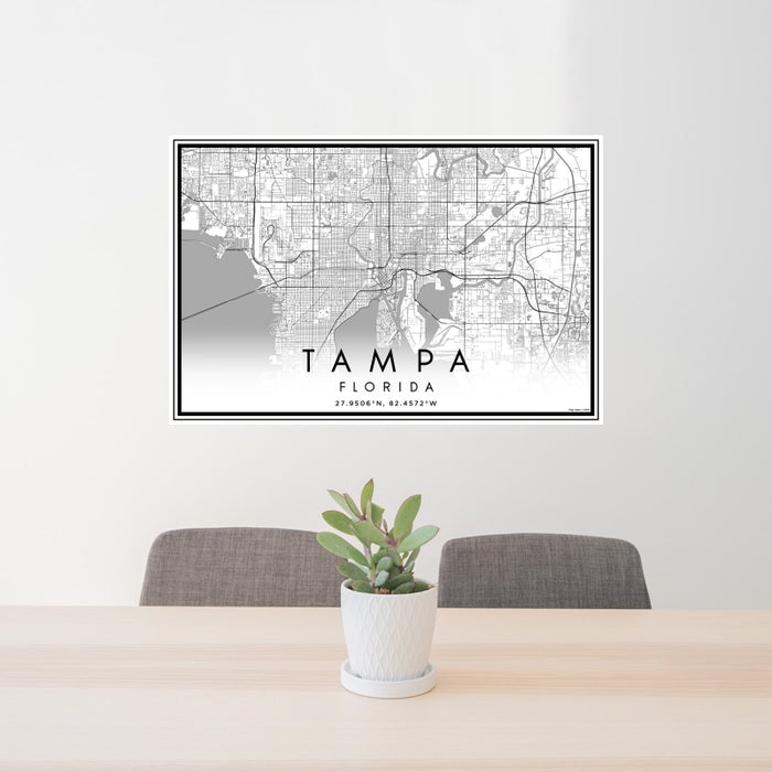 24x36 Tampa Florida Map Print Landscape Orientation in Classic Style Behind 2 Chairs Table and Potted Plant