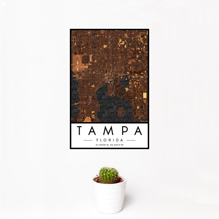12x18 Tampa Florida Map Print Portrait Orientation in Ember Style With Small Cactus Plant in White Planter