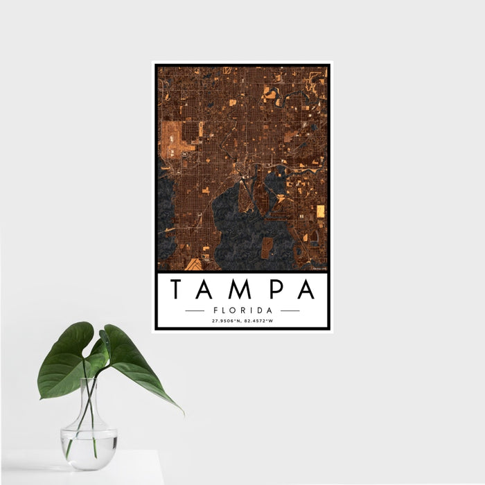 16x24 Tampa Florida Map Print Portrait Orientation in Ember Style With Tropical Plant Leaves in Water
