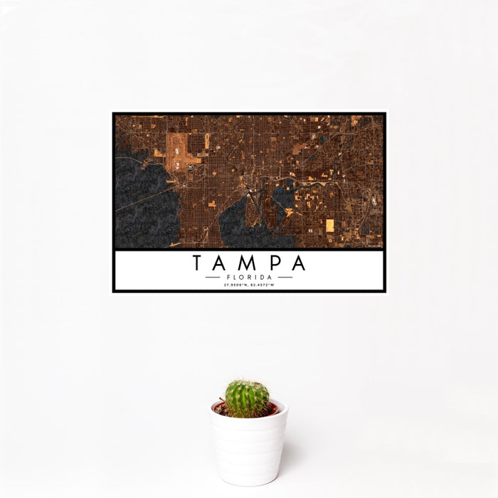 12x18 Tampa Florida Map Print Landscape Orientation in Ember Style With Small Cactus Plant in White Planter