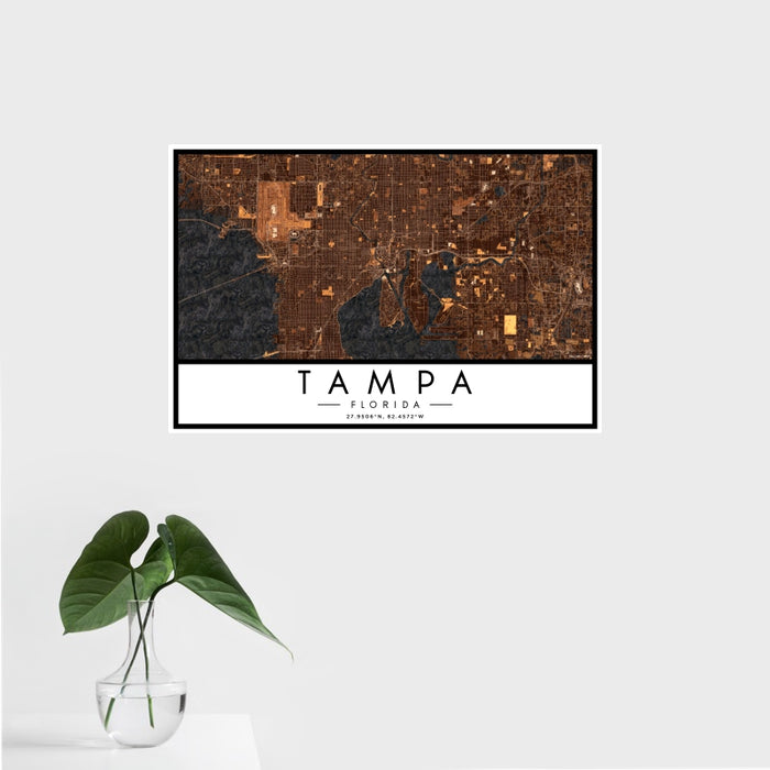 16x24 Tampa Florida Map Print Landscape Orientation in Ember Style With Tropical Plant Leaves in Water
