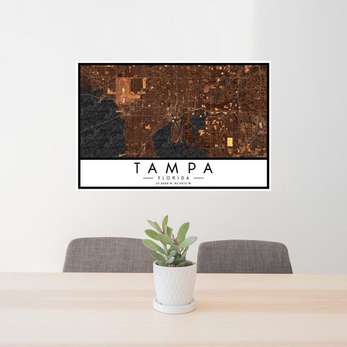 24x36 Tampa Florida Map Print Landscape Orientation in Ember Style Behind 2 Chairs Table and Potted Plant