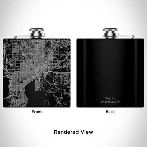 Rendered View of Tampa Florida Map Engraving on 6oz Stainless Steel Flask in Black
