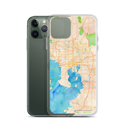 Custom Tampa Florida Map Phone Case in Watercolor on Table with Laptop and Plant
