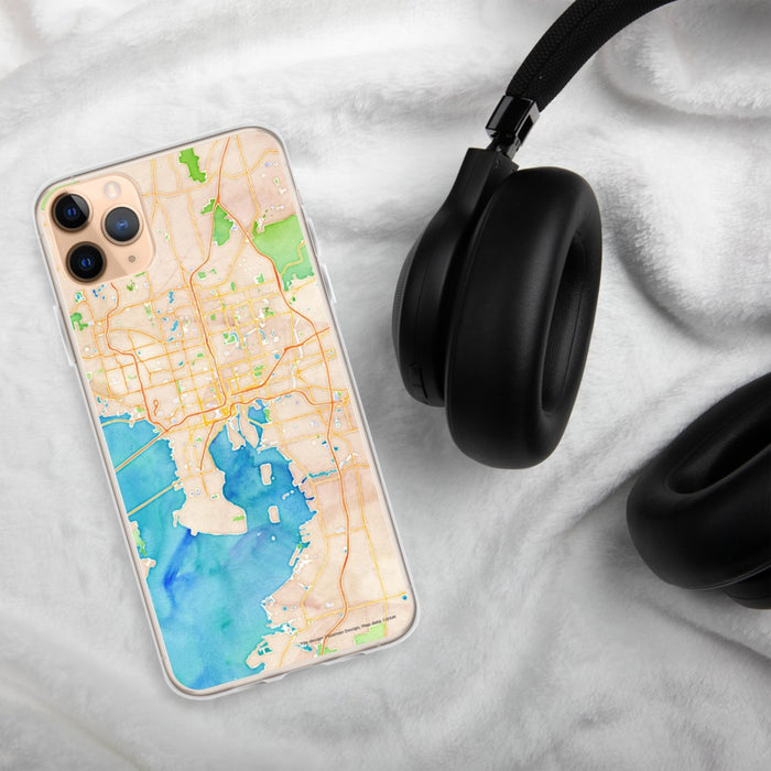 Custom Tampa Florida Map Phone Case in Watercolor on Table with Black Headphones
