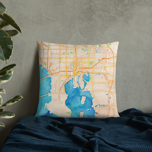 Custom Tampa Florida Map Throw Pillow in Watercolor on Bedding Against Wall