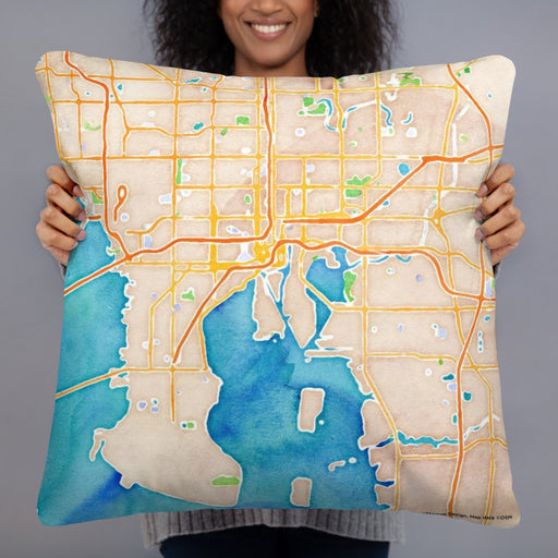 Person holding 22x22 Custom Tampa Florida Map Throw Pillow in Watercolor