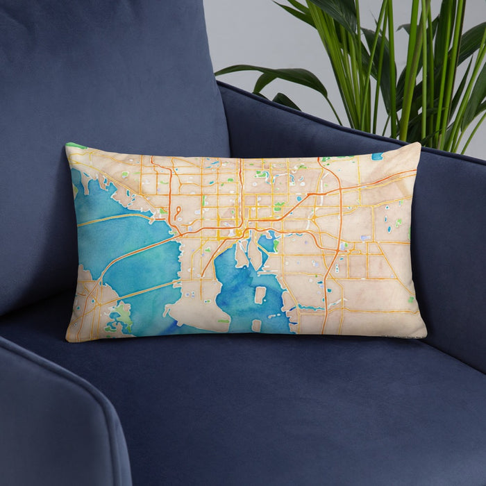Custom Tampa Florida Map Throw Pillow in Watercolor on Blue Colored Chair