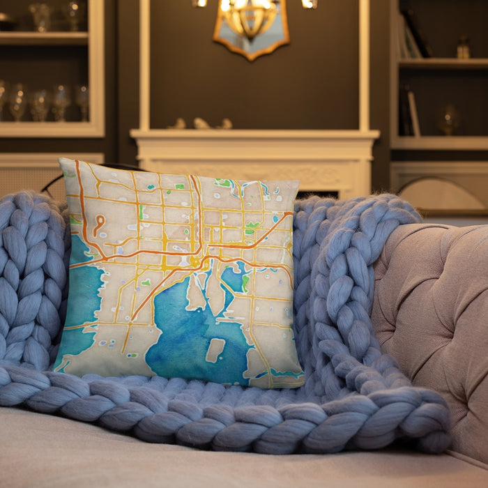 Custom Tampa Florida Map Throw Pillow in Watercolor on Cream Colored Couch