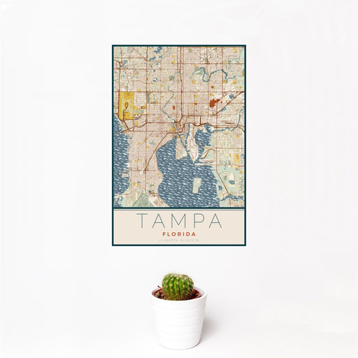 12x18 Tampa Florida Map Print Portrait Orientation in Woodblock Style With Small Cactus Plant in White Planter