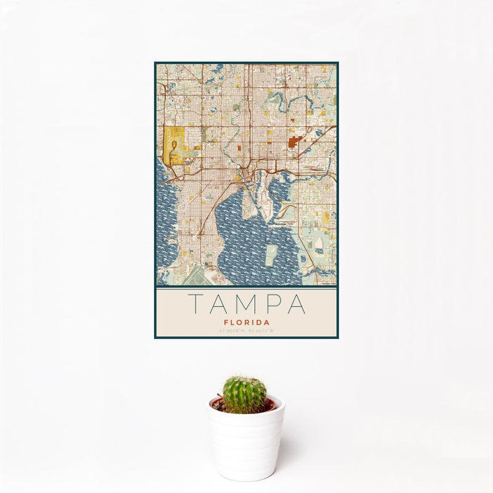 12x18 Tampa Florida Map Print Portrait Orientation in Woodblock Style With Small Cactus Plant in White Planter