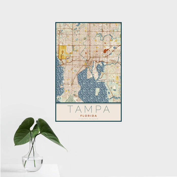 16x24 Tampa Florida Map Print Portrait Orientation in Woodblock Style With Tropical Plant Leaves in Water