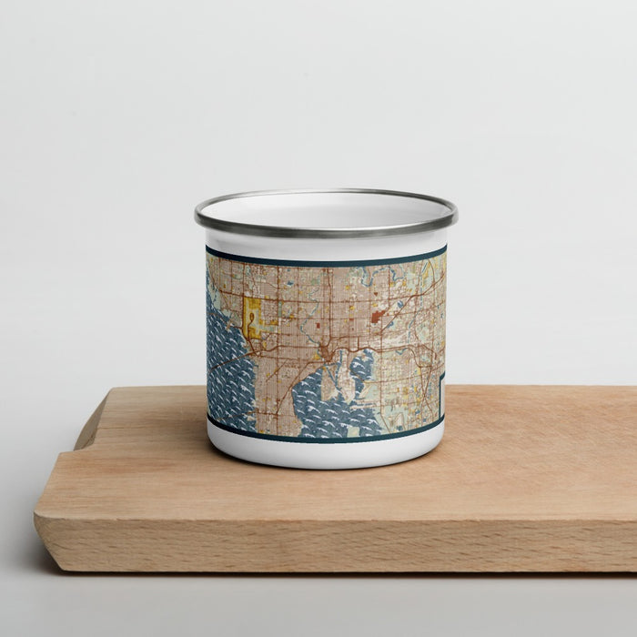 Front View Custom Tampa Florida Map Enamel Mug in Woodblock on Cutting Board