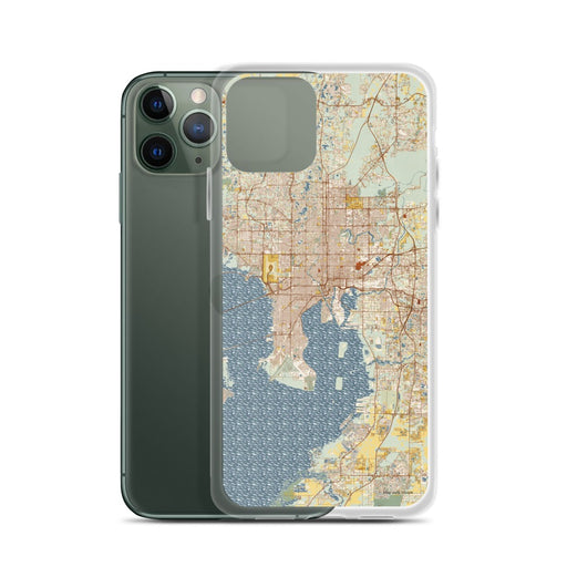 Custom Tampa Florida Map Phone Case in Woodblock on Table with Laptop and Plant