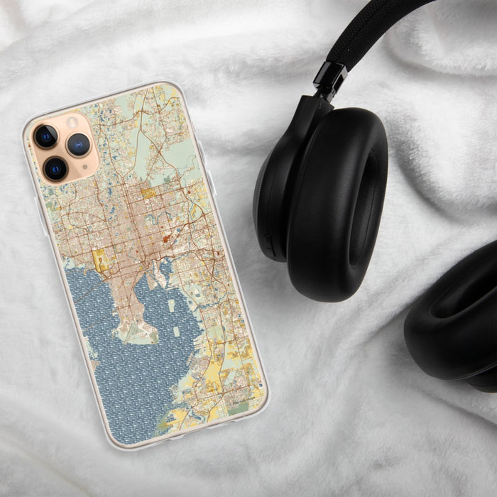 Custom Tampa Florida Map Phone Case in Woodblock on Table with Black Headphones