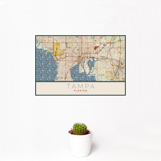 12x18 Tampa Florida Map Print Landscape Orientation in Woodblock Style With Small Cactus Plant in White Planter