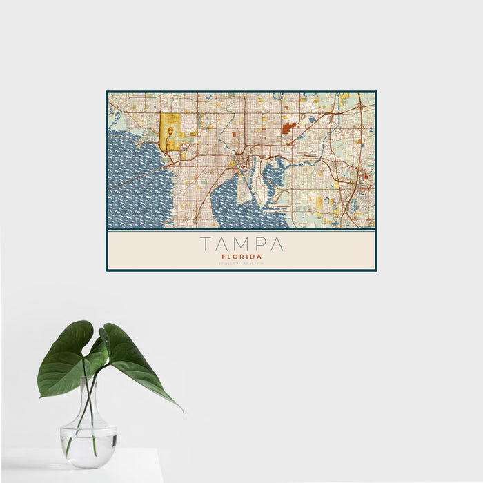 16x24 Tampa Florida Map Print Landscape Orientation in Woodblock Style With Tropical Plant Leaves in Water