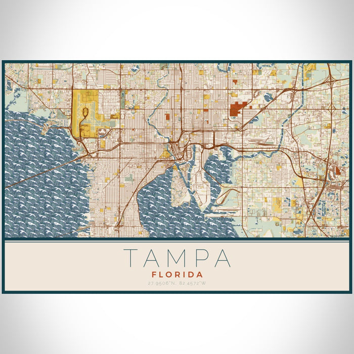 Tampa Florida Map Print Landscape Orientation in Woodblock Style With Shaded Background