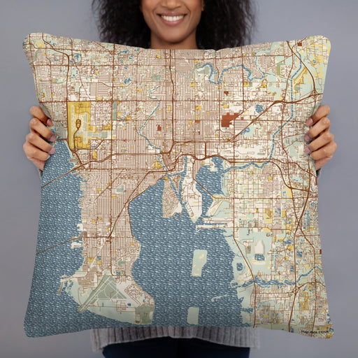 Person holding 22x22 Custom Tampa Florida Map Throw Pillow in Woodblock
