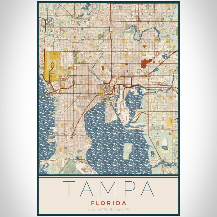 Tampa Florida Map Print Portrait Orientation in Woodblock Style With Shaded Background
