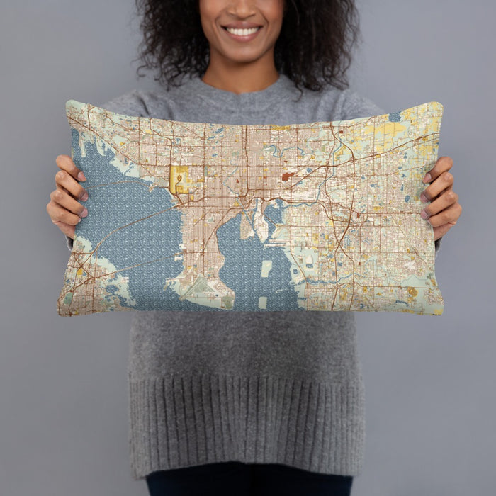 Person holding 20x12 Custom Tampa Florida Map Throw Pillow in Woodblock