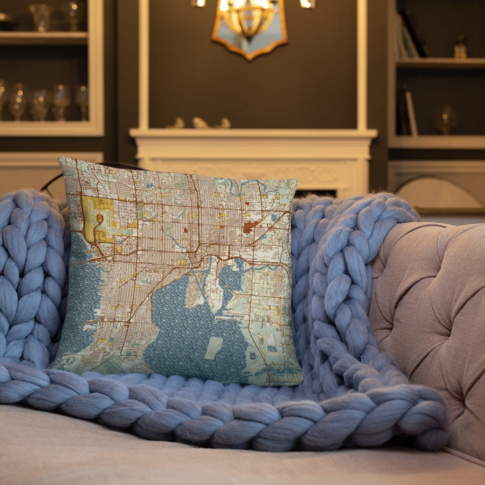 Custom Tampa Florida Map Throw Pillow in Woodblock on Cream Colored Couch