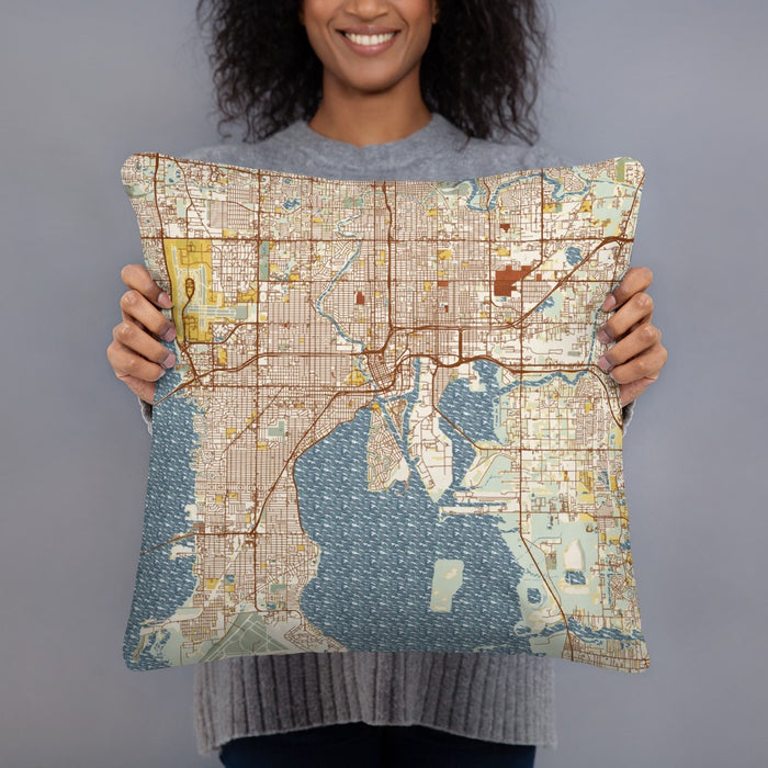 Person holding 18x18 Custom Tampa Florida Map Throw Pillow in Woodblock
