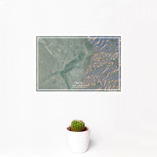 12x18 Taos New Mexico Map Print Landscape Orientation in Afternoon Style With Small Cactus Plant in White Planter