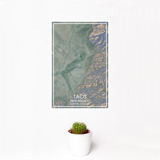 12x18 Taos New Mexico Map Print Portrait Orientation in Afternoon Style With Small Cactus Plant in White Planter