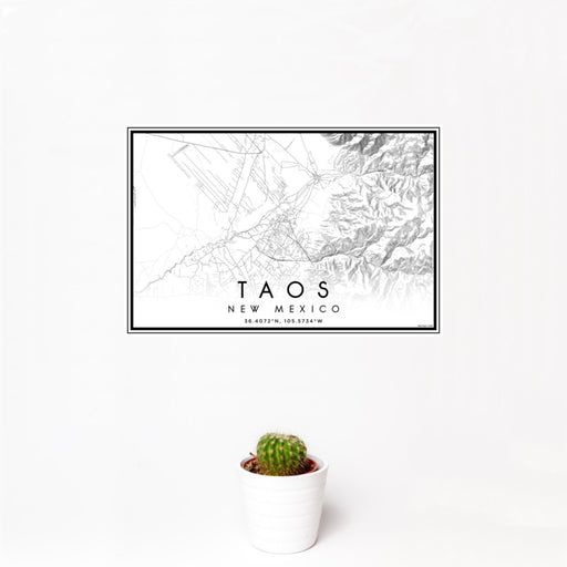 12x18 Taos New Mexico Map Print Landscape Orientation in Classic Style With Small Cactus Plant in White Planter